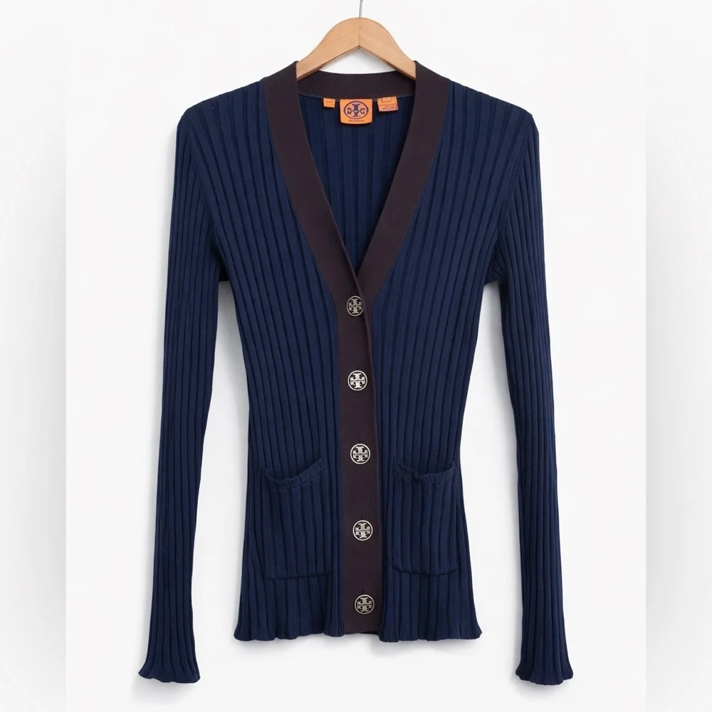 Tory Burch Simone Navy Brown Ribbed 100% Cotton V Neck Button Knit Cardigan S